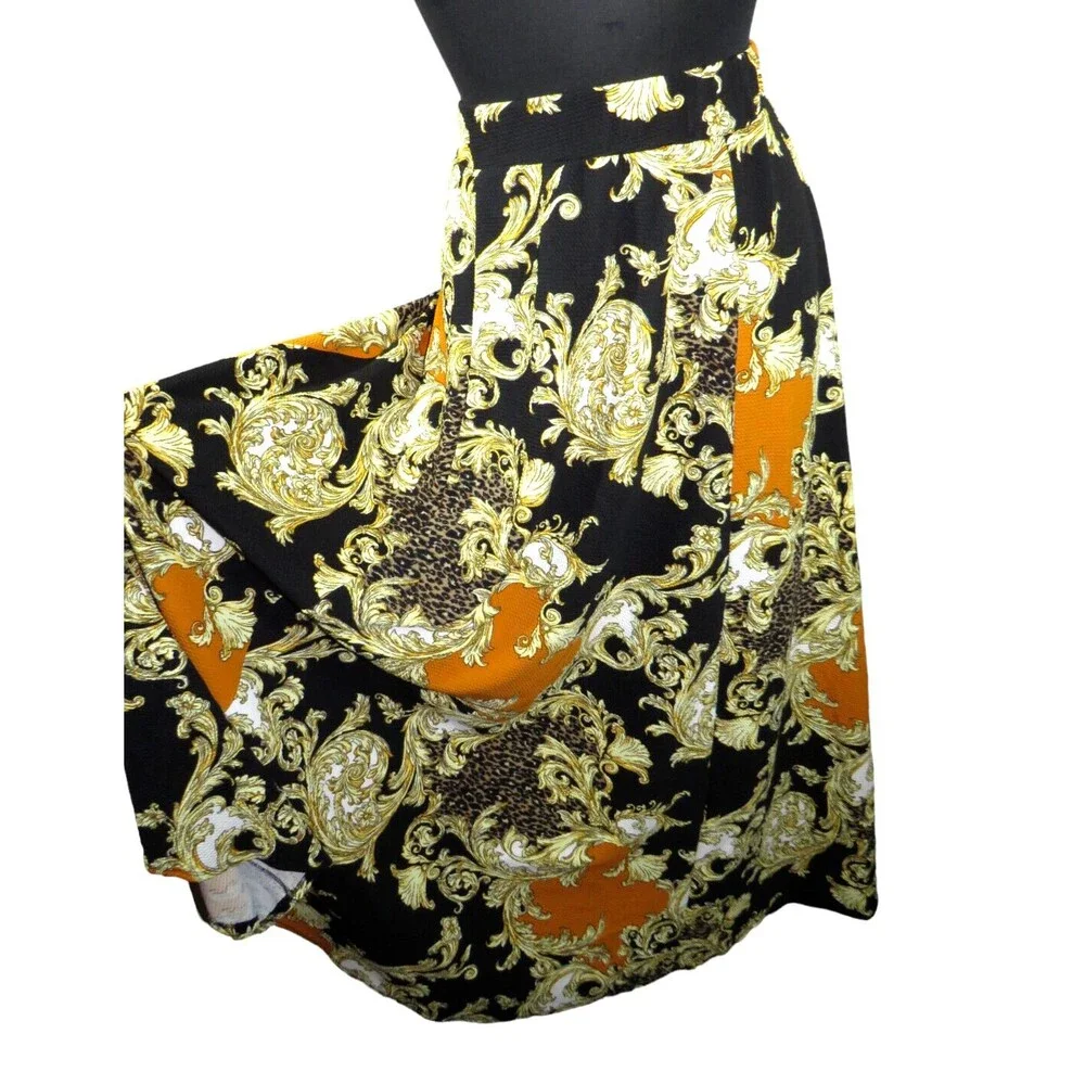 Impulsive Black Multi Leopard Scroll Print Textured Floor Length Maxi Skirt 1X